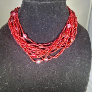 Multi-layered Red Bead Statement Necklace